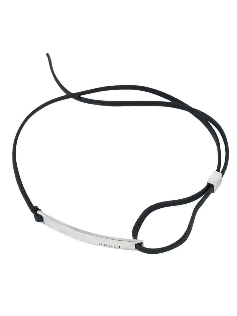 Gucci Logo Plate 925 Leather Choker Necklace Silver Black
